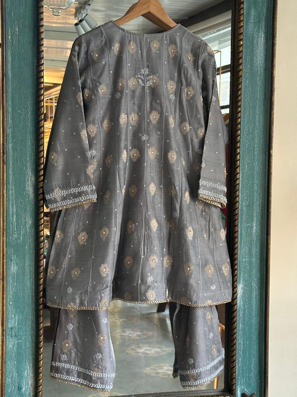 Natural Grey Zari Chanderi Chikankari Co-Ord Set