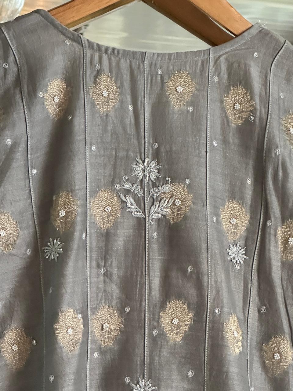 Natural Grey Zari Chanderi Chikankari Co-Ord Set