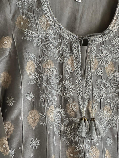 Natural Grey Zari Chanderi Chikankari Co-Ord Set