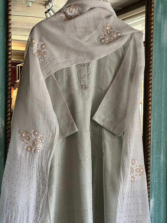 Natural Grey Zari Kota Ready to Wear Kurta Set