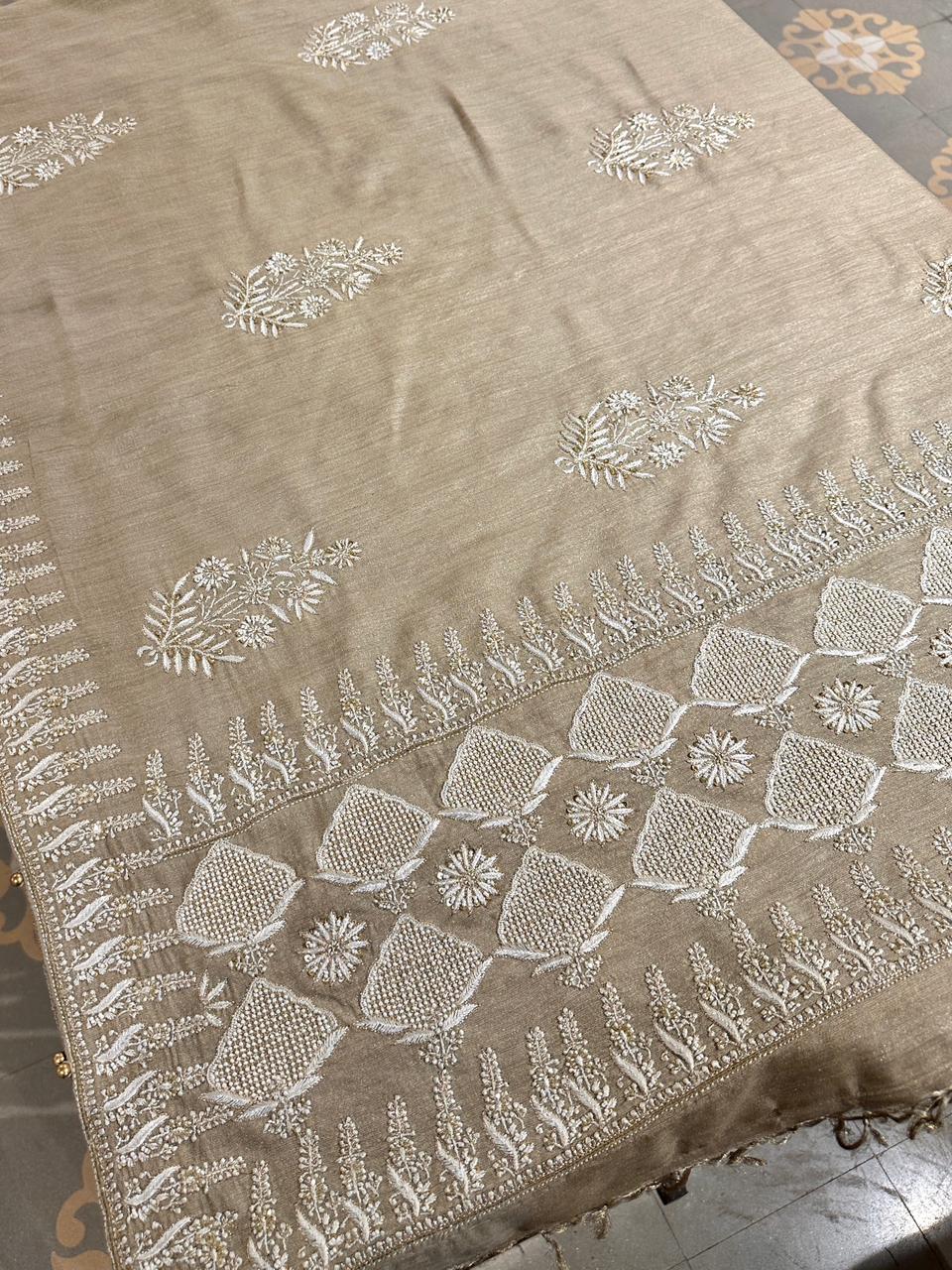 Natural Shade Fine Chikankari Ari Tissue Silk Dupatta