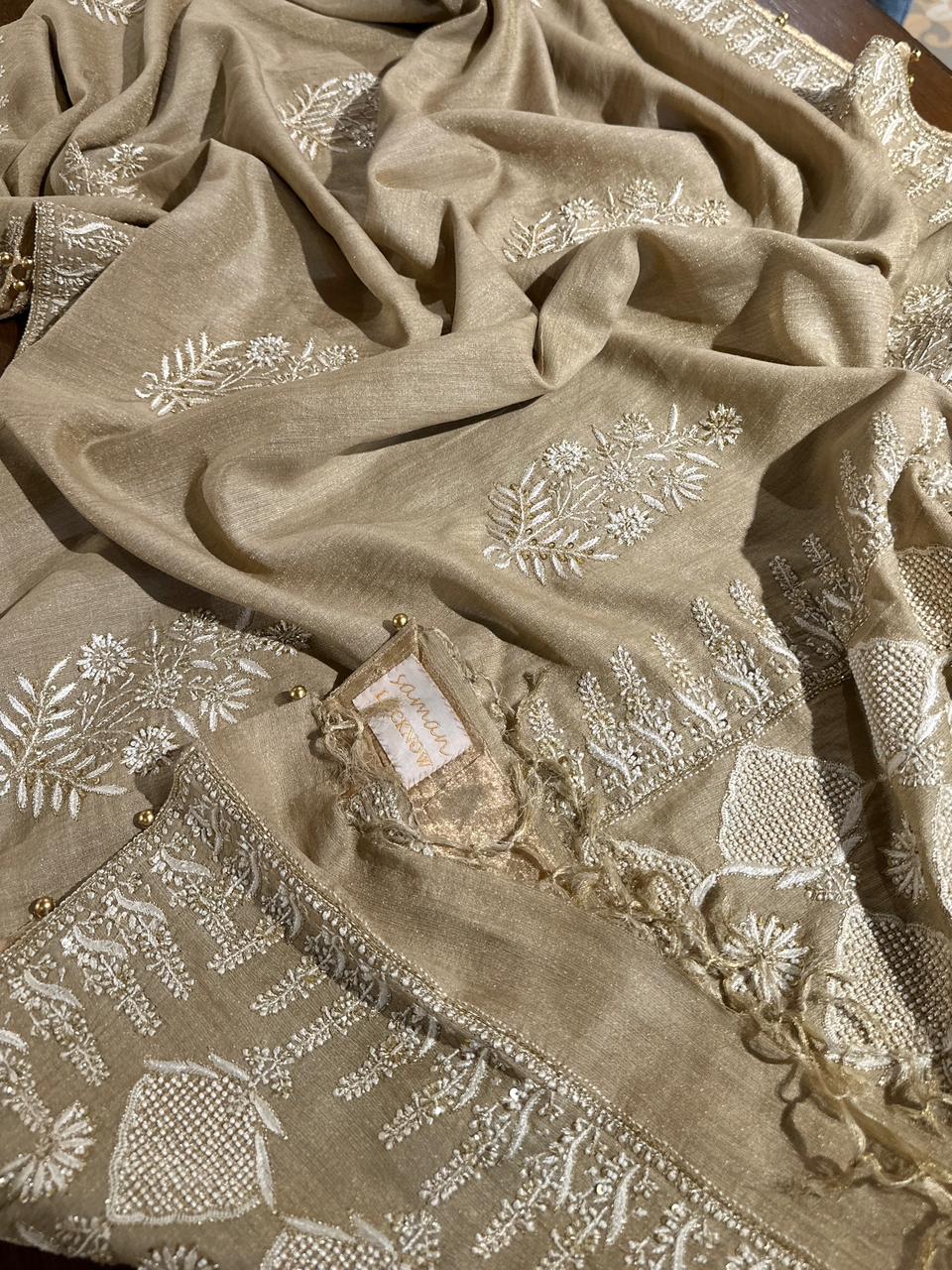 Natural Shade Fine Chikankari Ari Tissue Silk Dupatta