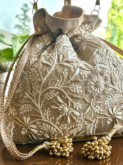 Natural Shade Raw Silk Chikankari Polti Bag