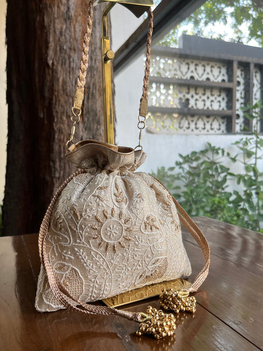 Natural Shade Raw Silk Chikankari Polti Bag