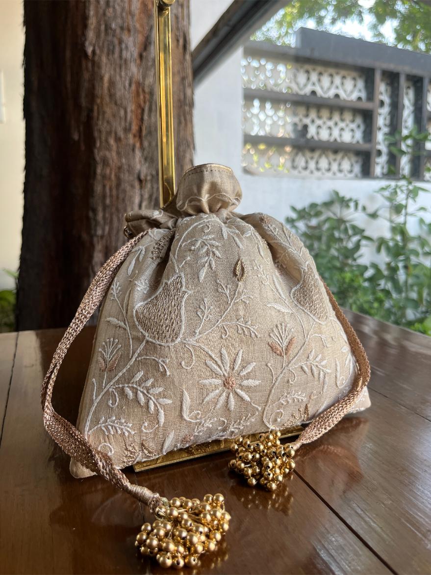 Natural Shade Raw Silk Chikankari Polti Bag