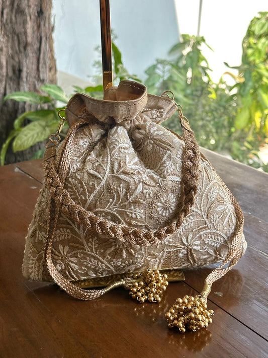 Natural Shade Raw Silk Chikankari Polti Bag