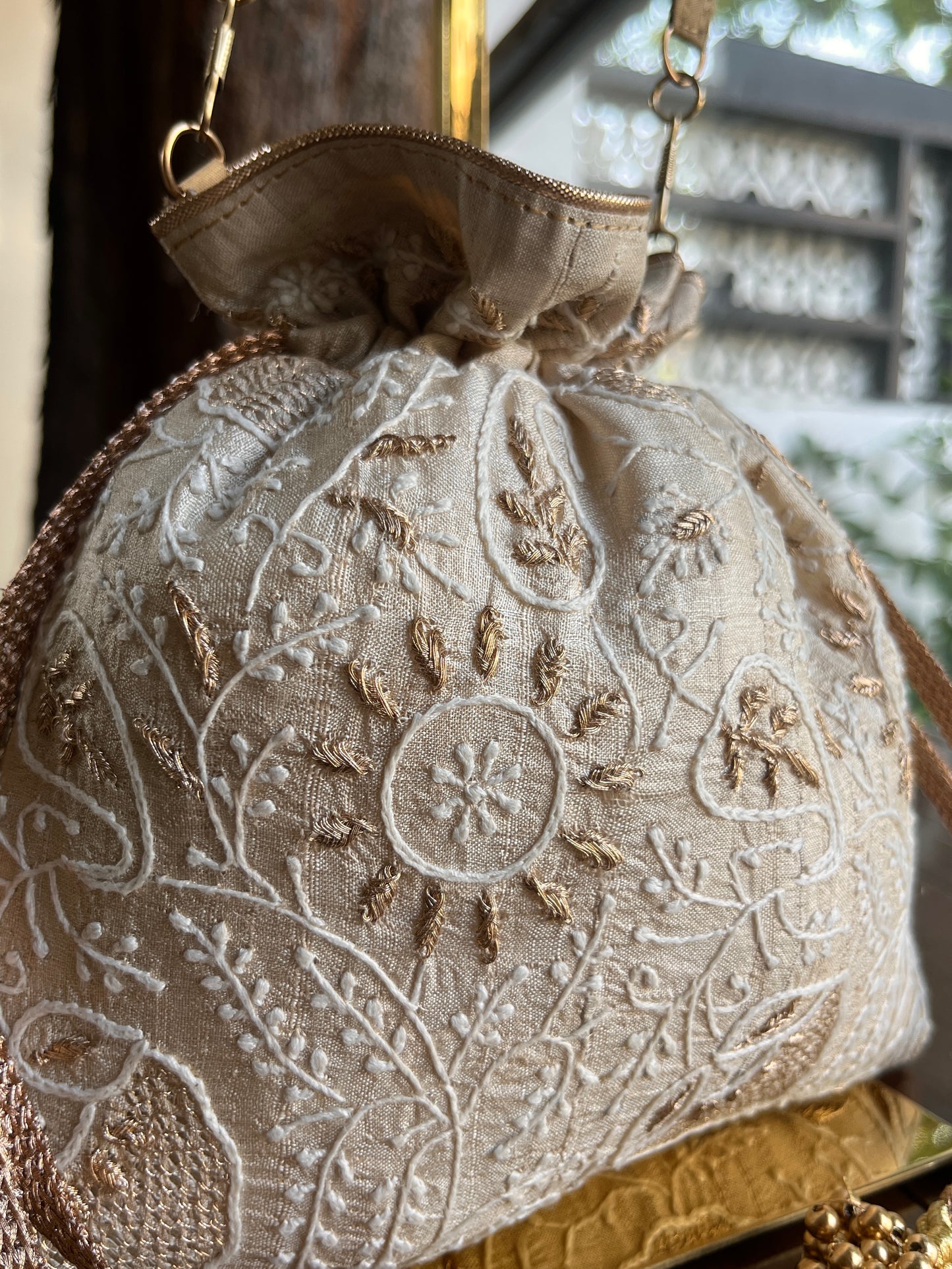 Natural Shade Raw Silk Chikankari Polti Bag
