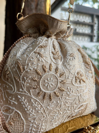 Natural Shade Raw Silk Chikankari Polti Bag