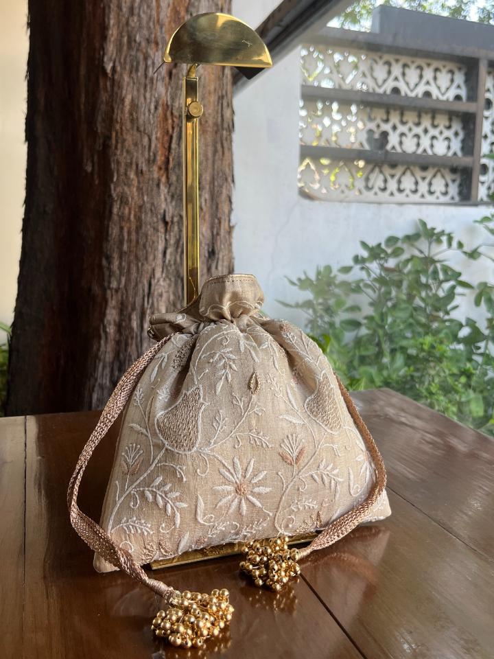 Natural Shade Raw Silk Chikankari Polti Bag