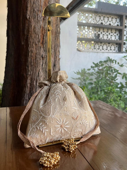 Natural Shade Raw Silk Chikankari Polti Bag