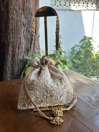 Natural Shade Raw Silk Chikankari Polti Bags