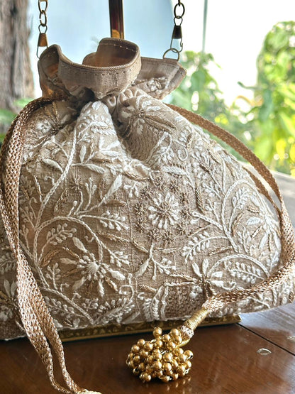 Natural Shade Raw Silk Chikankari Polti Bag