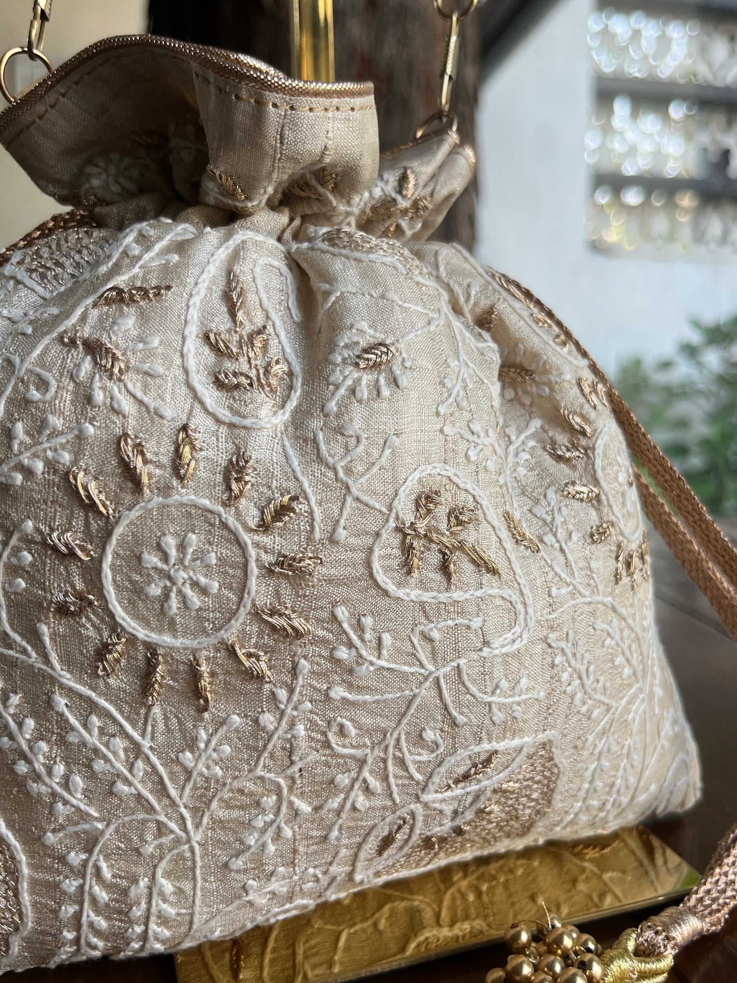Natural Shade Raw Silk Chikankari Polti Bag
