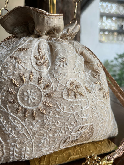 Natural Shade Raw Silk Chikankari Polti Bag