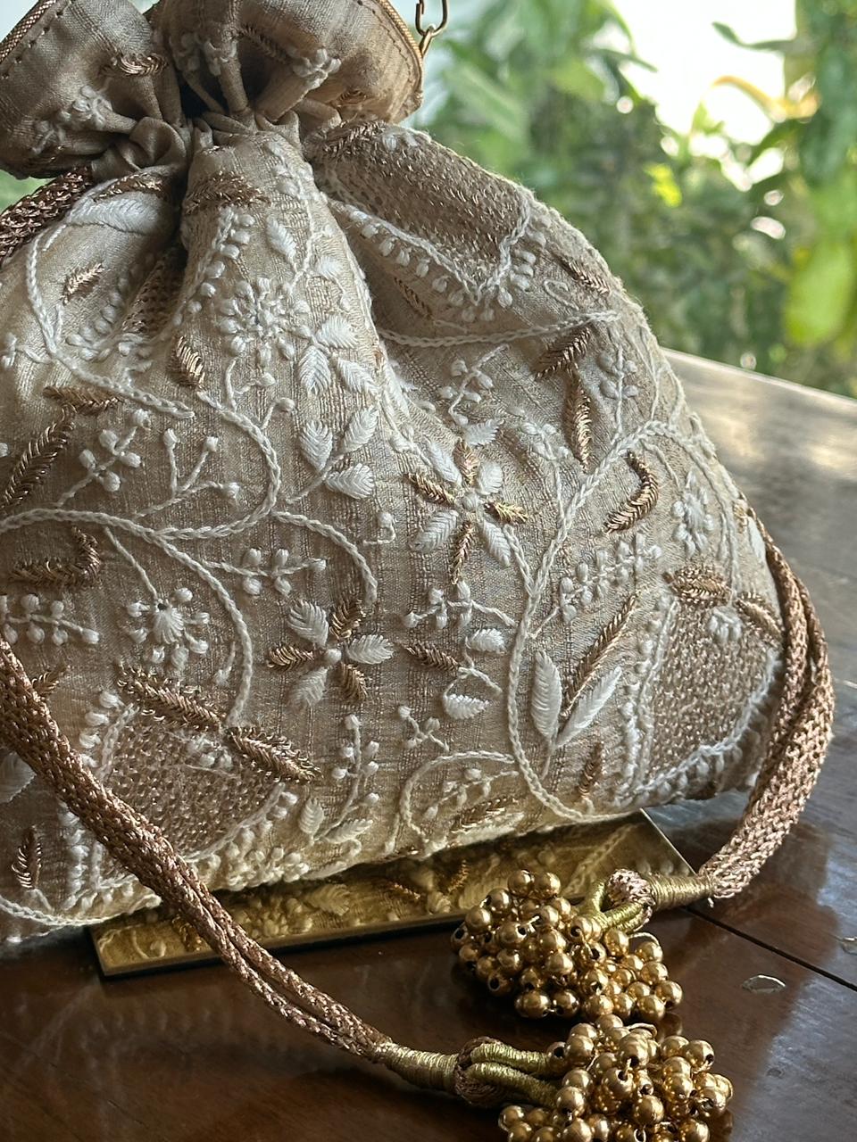 Natural Shade Raw Silk Chikankari Polti Bags