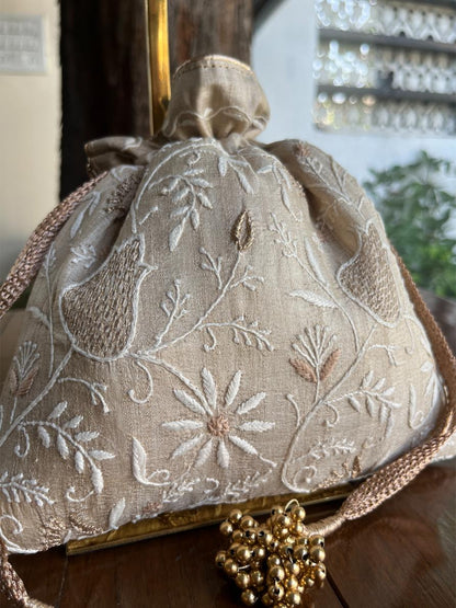 Natural Shade Raw Silk Chikankari Polti Bag
