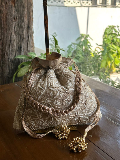 Natural Shade Raw Silk Chikankari Polti Bag