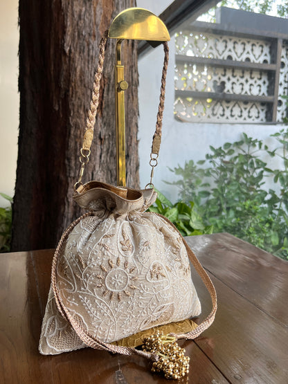 Natural Shade Raw Silk Chikankari Polti Bag