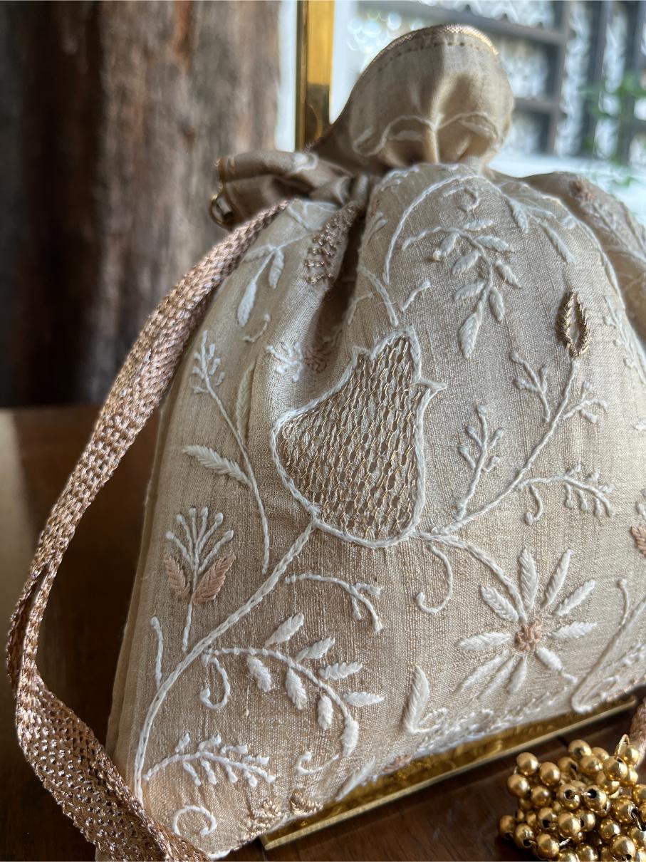 Natural Shade Raw Silk Chikankari Polti Bag