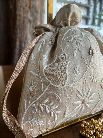 Natural Shade Raw Silk Chikankari Polti Bag