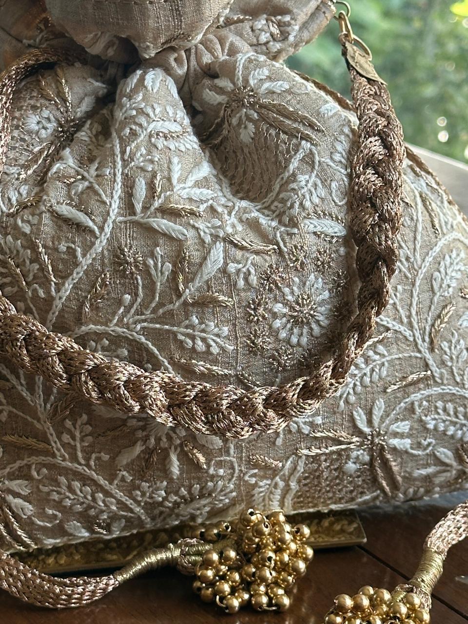Natural Shade Raw Silk Chikankari Polti Bag