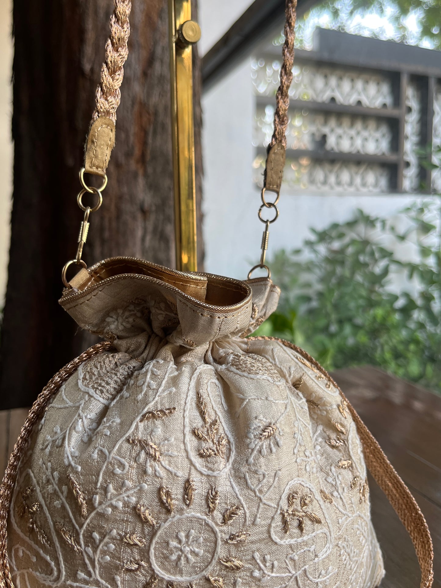 Natural Shade Raw Silk Chikankari Polti Bag