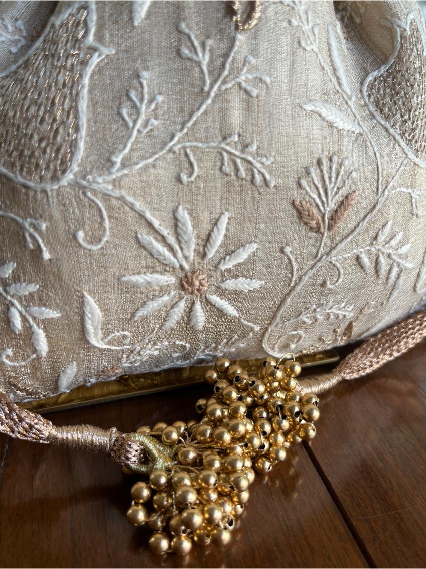 Natural Shade Raw Silk Chikankari Polti Bag