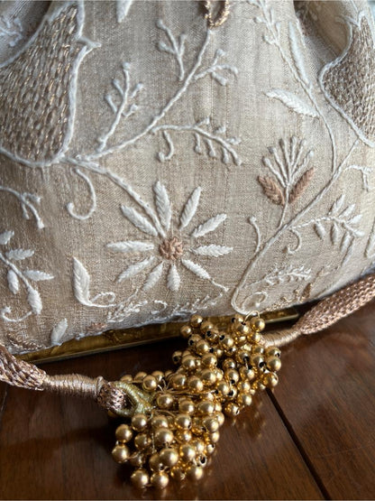 Natural Shade Raw Silk Chikankari Polti Bag