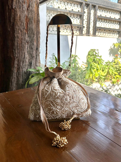 Natural Shade Raw Silk Chikankari Polti Bag