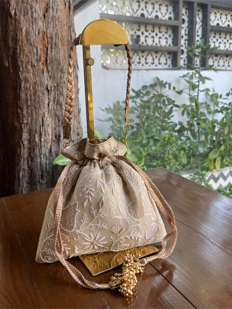 Natural Shade Raw Silk Chikankari Polti Bag