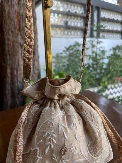 Natural Shade Raw Silk Chikankari Polti Bag