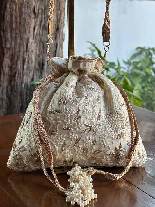 Natural Shade Raw Silk Chikankari Polti Bags