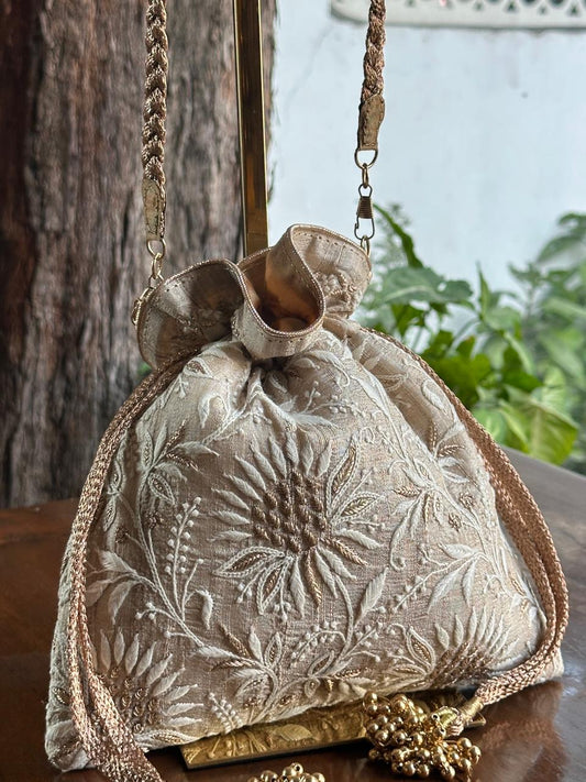 Natural Shade Raw Silk Chikankari Polti Bags