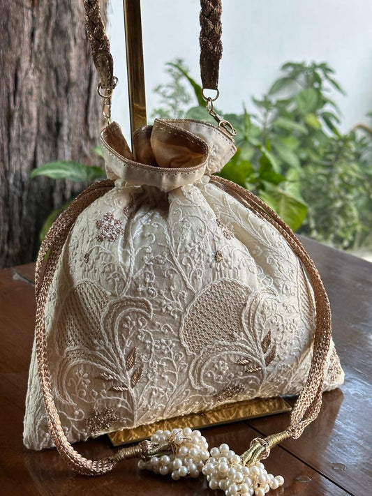 Natural Shade Raw Silk Chikankari Polti Bags
