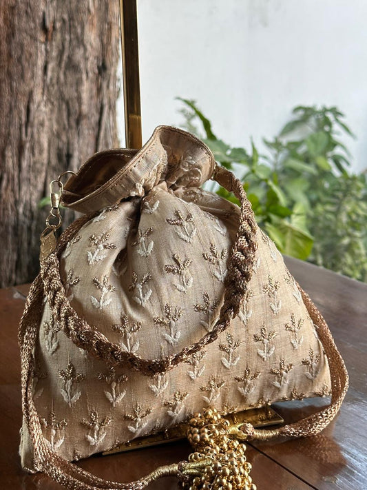 Natural Shade Raw Silk Chikankari Polti Bags