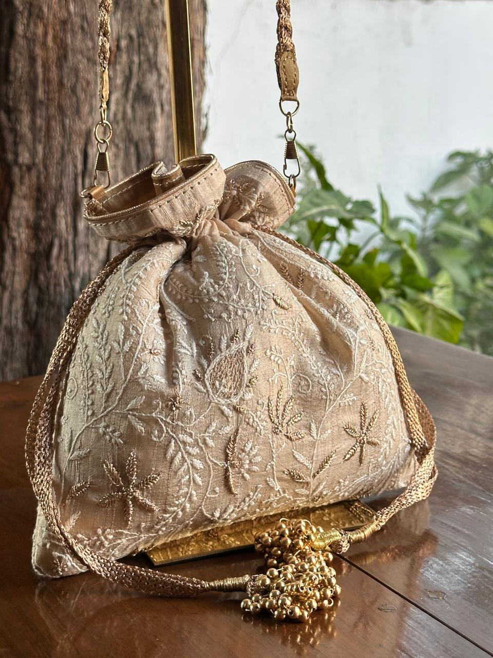 Natural Shade Raw Silk Chikankari Polti Bags