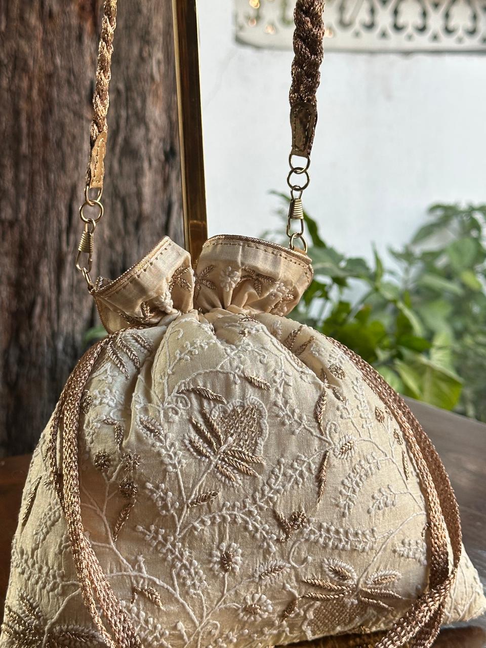 Natural Shade Raw Silk Chikankari Polti Bags