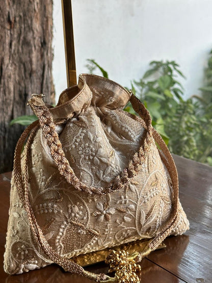 Natural Shade Raw Silk Chikankari Polti Bags