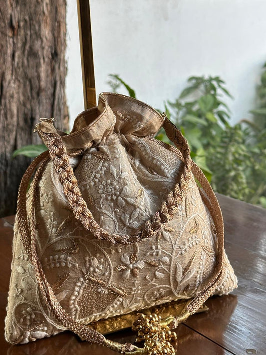 Natural Shade Raw Silk Chikankari Polti Bags