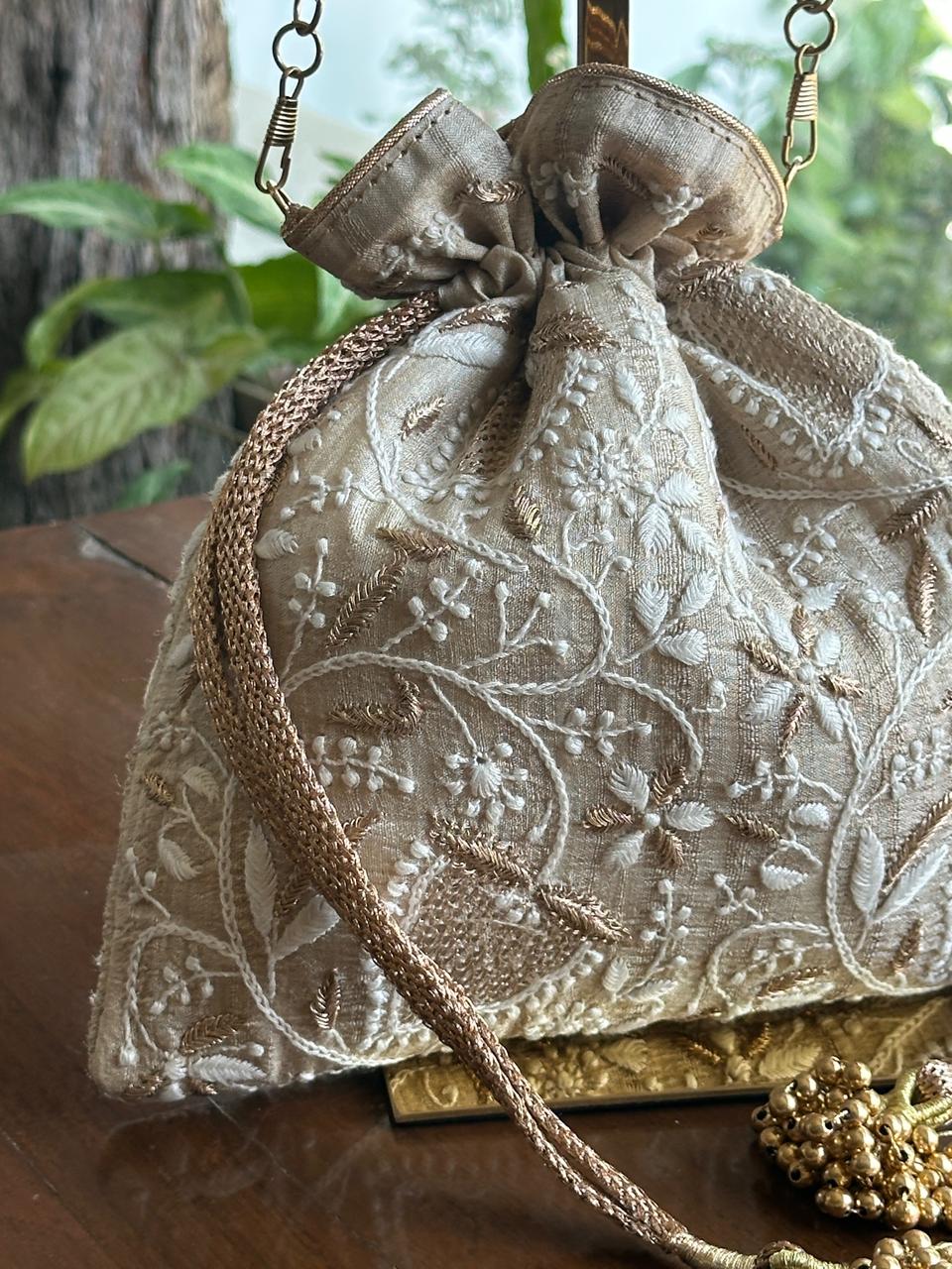 Natural Shade Raw Silk Chikankari Polti Bags
