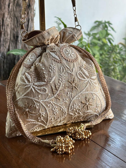 Natural Shade Raw Silk Chikankari Polti Bags
