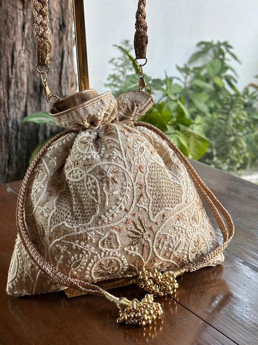 Natural Shade Raw Silk Chikankari Polti Bags