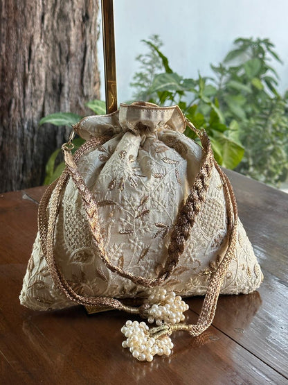 Natural Shade Raw Silk Chikankari Polti Bags