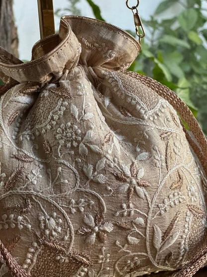 Natural Shade Raw Silk Chikankari Polti Bags