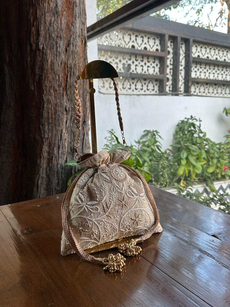 Natural Shade Raw Silk Chikankari Polti Bags