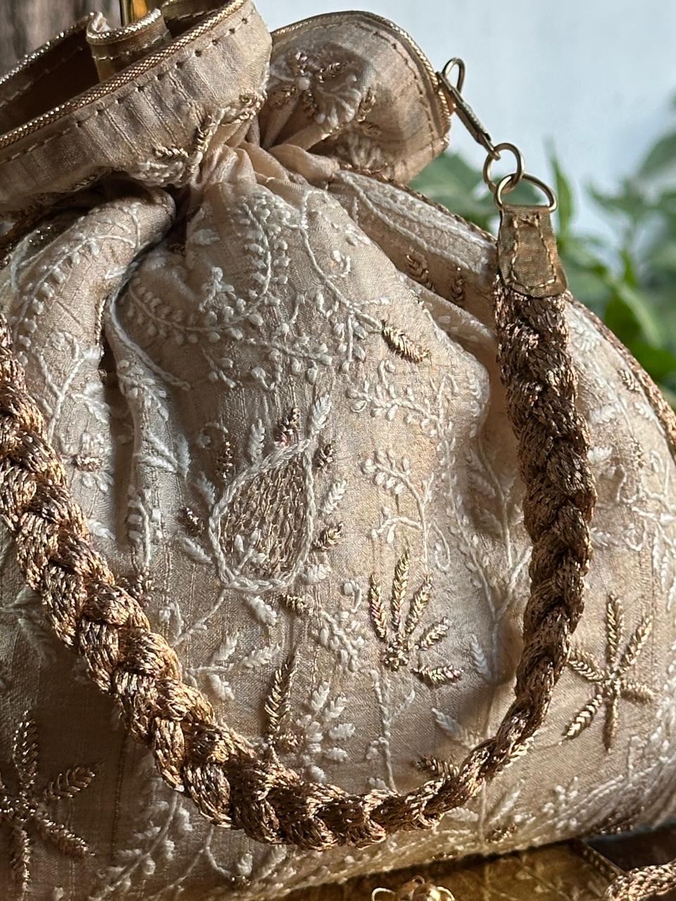Natural Shade Raw Silk Chikankari Polti Bags