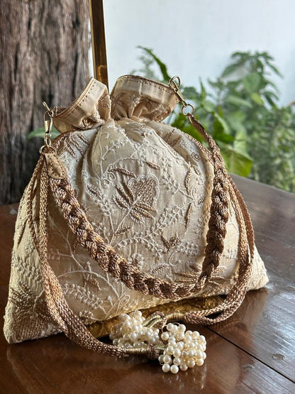 Natural Shade Raw Silk Chikankari Polti Bags