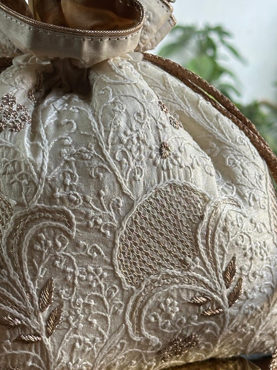 Natural Shade Raw Silk Chikankari Polti Bags