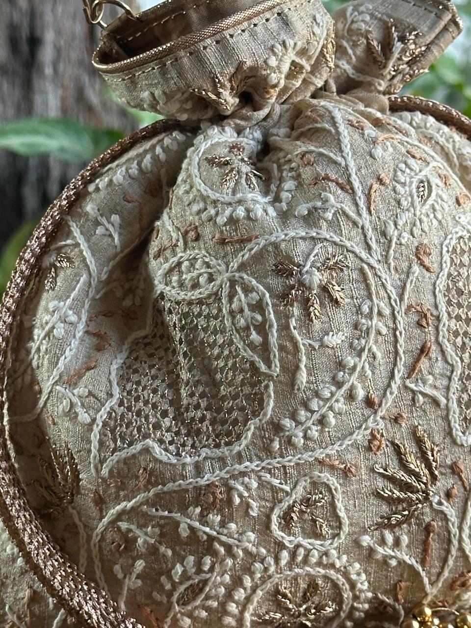 Natural Shade Raw Silk Chikankari Polti Bags