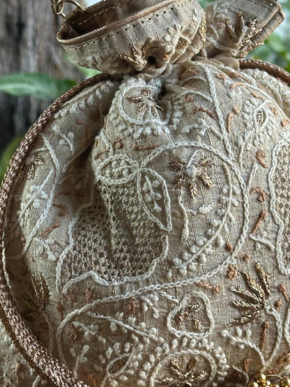 Natural Shade Raw Silk Chikankari Polti Bags